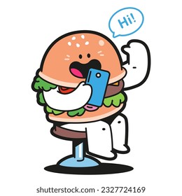 Cute burger with smartphone vector cartoon character isolated on a white background.