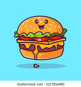 Cute Burger Smiling Cartoon Vector Icon Illustration. Food Object Icon Concept Isolated Premium Vector. Flat Cartoon Style