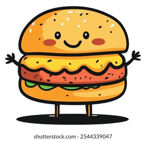 Linda hamburguesa con cara sonriente e ingredientes frescos Ilustración vectorial plana