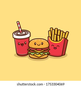 Cute Burger With Soda And French Fries Vector Icon Illustration. Food And Drink Icon Concept Isolated Premium Vector. Flat Cartoon Style 