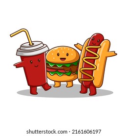 Cute Burger, Soft Drink And Hot Dog Cartoon Vector Icon Illustration. Food And Drink Icon Concept. Fast Food Flat Cartoon Style