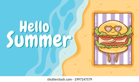 Cute burger sunbathing on the beach with a summer greeting banner