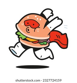 Cute burger in superhero costume vector cartoon character isolated on a white background.