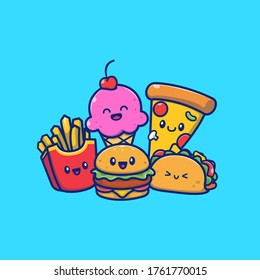 Cute Burger With Taco, French Fries, Pizza, And Ice Cream Cartoon Vector Icon Illustration. Food Family Icon Concept Isolated Premium Vector. Flat Cartoon Style