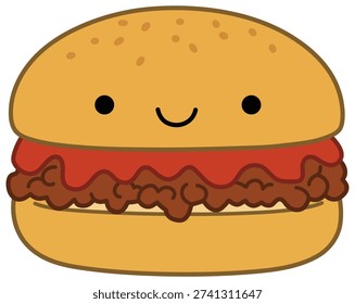 Cute burger vector illustration featuring a smiling face on a sesame bun with beef patty and ketchup in a colorful cartoon style suitable for kids menu packaging and playful food branding designs