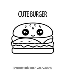 Cute Burger vector illustration template for Coloring book. Drawing lesson for children	