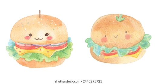 cute burger watercolor vector illustration 