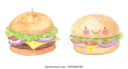 cute burger watercolor vector illustration 