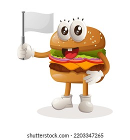 Cute burger waving white empty flag. Perfect for food store, small business or e-Commerce, merchandise and sticker, banner promotion, food review blog or vlog channel
