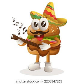 Cute burger wearing mexican hat with playing guitar. Perfect for food store, small business or e-Commerce, merchandise and sticker, banner promotion, food review blog or vlog channel
