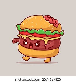 Cute Burger Zombie Cartoon Vector Icon Illustration. Food 
Holiday Icon Concept Isolated Premium Vector. Flat Cartoon 
Style 
