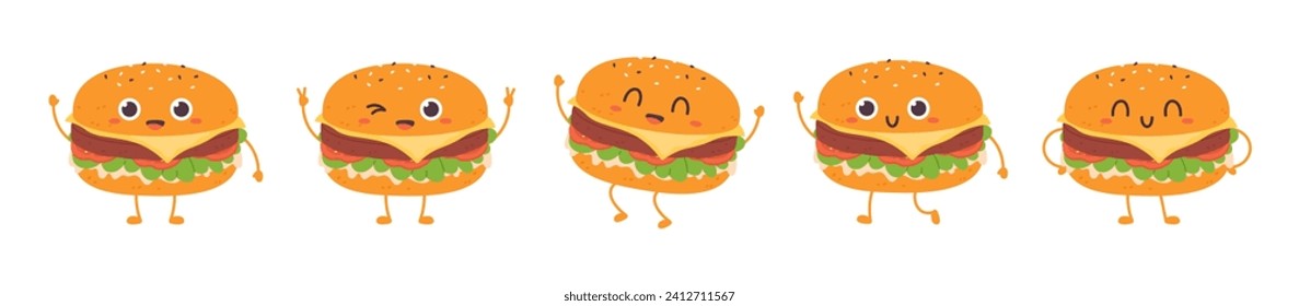 Las hamburguesas se diferencian en poses y emociones. Aislada hamburguesa kawaii feliz y triste. Mascota de caricaturas de hamburguesas frescas, niños portadores de racy clíparte