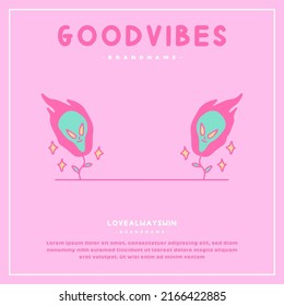 Cute burning alien head flowers, illustration for t-shirt, sticker, poster, or apparel merchandise. With pop art style.
