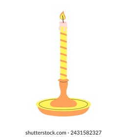 Cute burning candle with wax in a candlestick. Cartoon flat vector illustration.