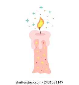 Cute burning candle with wax. Cartoon flat vector illustration.