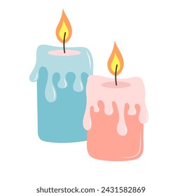 Cute burning candles with wax. Cartoon flat vector illustration. 
