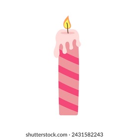 Cute burning stipped candle with wax. Cartoon flat vector illustration. 