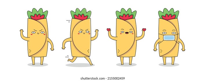 Cute burrito cartoon character set 1 of burrito waving hand, running, spreading love and wearing mask