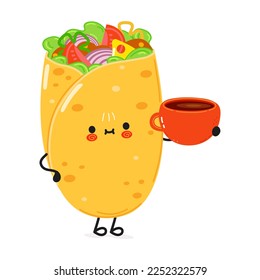 Cute burrito with cup of coffee. Vector hand drawn doodle style cartoon character illustration icon design. Card happy with cute happy burrito