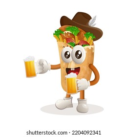 Cute burrito mascot celebrate oktoberfest with holding beer. Perfect for food store, small business or e-Commerce, merchandise and sticker, banner promotion, food review blog or vlog channel
