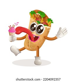 Cute burrito mascot eat ice cream, ice cream cone. Perfect for food store, small business or e-Commerce, merchandise and sticker, banner promotion, food review blog or vlog channel
