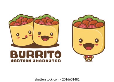 cute burrito mascot, food cartoon illustration, suitable for use as logos, packaging labels, stickers, etc.