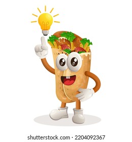 Cute burrito mascot got an idea, bulb idea, inspiration. Perfect for food store, small business or e-Commerce, merchandise and sticker, banner promotion, food review blog or vlog channel
