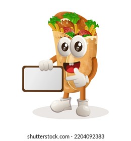 Cute burrito mascot holding billboards for sale, sign board. Perfect for food store, small business or e-Commerce, merchandise and sticker, banner promotion, food review blog or vlog channel
