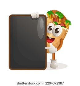 Cute burrito mascot holding menu black Board, menu board, sign board. Perfect for food store, small business or e-Commerce, merchandise and sticker, banner promotion, food review blog or vlog channel
