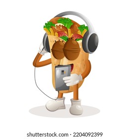 Cute Burrito Mascot Listening Music On A Smartphone Using Headphone. Perfect For Food Store, Small Business Or E-Commerce, Merchandise And Sticker, Banner Promotion, Food Review Blog Or Vlog Channel
