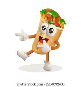 Cute burrito mascot playful with pointed hand. Perfect for food store, small business or e-Commerce, merchandise and sticker, banner promotion, food review blog or vlog channel
