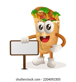Cute burrito mascot standing next to a billboard. Perfect for food store, small business or e-Commerce, merchandise and sticker, banner promotion, food review blog or vlog channel
