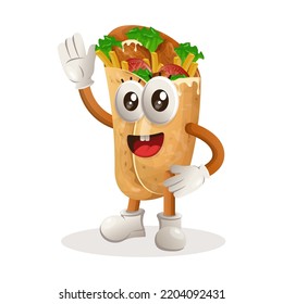 Cute burrito mascot waving hand. Perfect for food store, small business or e-Commerce, merchandise and sticker, banner promotion, food review blog or vlog channel
