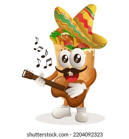 Cute burrito mascot wearing mexican hat with playing guitar. Perfect for food store, small business or e-Commerce, merchandise and sticker, banner promotion, food review blog or vlog channel
