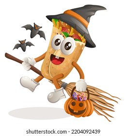 Cute burrito mascot witch with holding halloween pumpkin with candy on it. Perfect for food store, small business or e-Commerce, merchandise and sticker, banner promotion, food review blog or vlog
