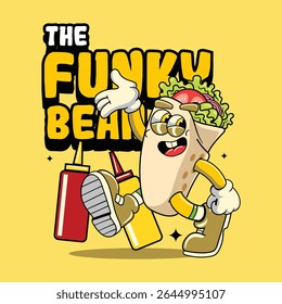 Cute Burrito Mexican Food Cartoon Characters in Retro 70s Illustration