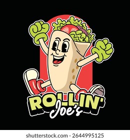 Cute Burrito Mexican Food Cartoon Characters in Retro 70s Illustration