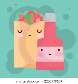 burrito lindo y botella de salsa