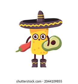 Cute burrito in sombrero with chili pepper and avocado vector cartoon mexican food character isolated on a white background.