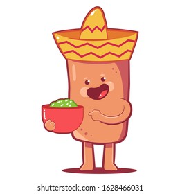 Cute burrito in sombrero hat with guacaamole sauce vector cartoon character isolated on a white background.