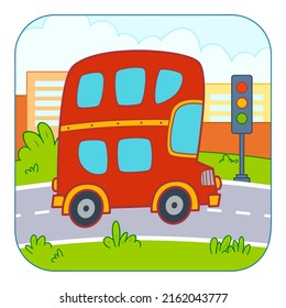 Cute Bus Cartoon. Bus Clipart Vector Illustration. Nature Background