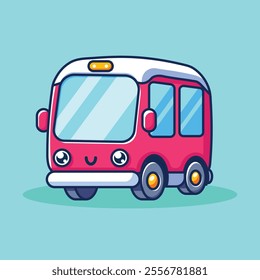 Cute Bus Cartoon Icon Illustration.Bus Icon Concept Isolated Premium Vector. Flat Cartoon Style