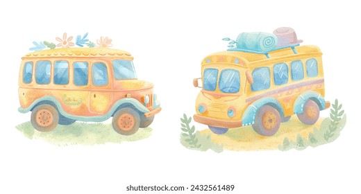 lindo autobús acuarela ilustración vectorial