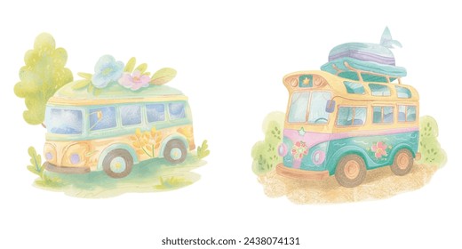 cute bus watercolour vector illustration