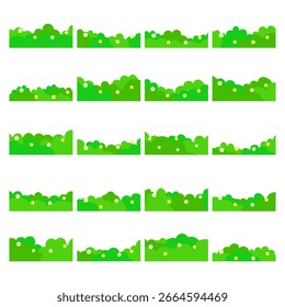 Grama de arbusto bonito com flores conjunto de ilustração vetor - Adorável planta verde e Clipart floral