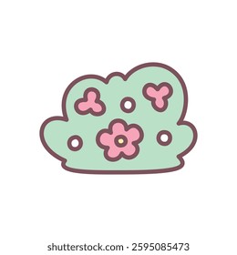 Cute bush icon. Hand drawn illustration of a green shrub with pink flowers isolated on a white background. Kawaii spring sticker. Vector 10 EPS.