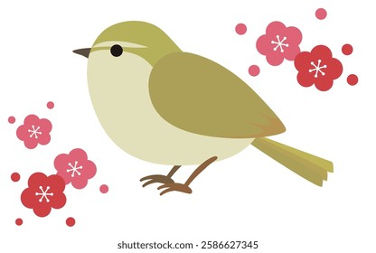 Cute bush warbler and plum blossom illustration