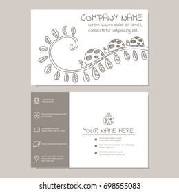 Cute business card vector illustration template. Hand drawing name card. Three little ladybirds cartoon.