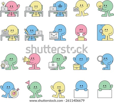 Cute Business Character Icon Set – Office, Ideas, Presentation, Teamwork