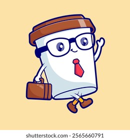 Cute Business Coffee Cup Holding Suitcase Cartoon Vector 
Icon Illustration. Drink Business Icon Concept Isolated 
Premium Vector. Flat Cartoon Style 